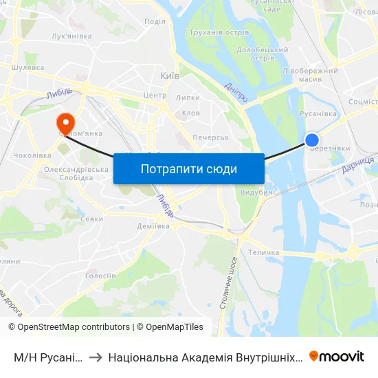 М/Н Русанівка to Національна Академія Внутрішніх Справ map