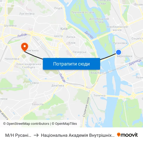М/Н Русанівка to Національна Академія Внутрішніх Справ map