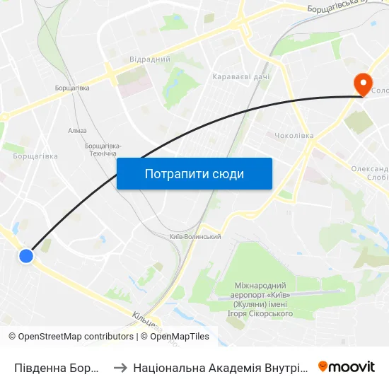 Південна Борщагівка to Національна Академія Внутрішніх Справ map