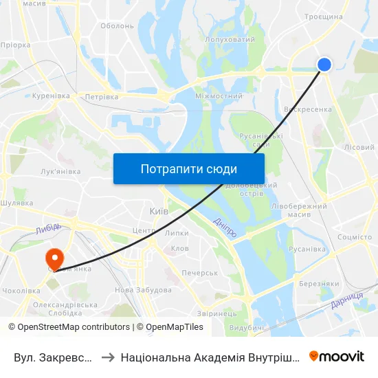 Вул. Закревського to Національна Академія Внутрішніх Справ map
