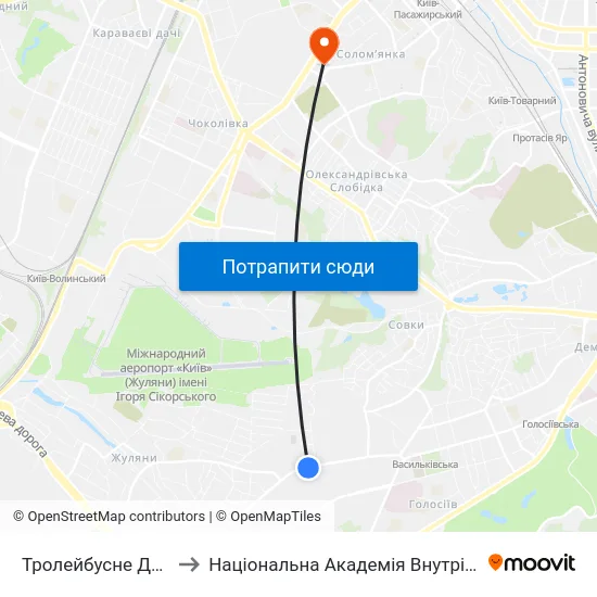 Тролейбусне Депо №1 to Національна Академія Внутрішніх Справ map