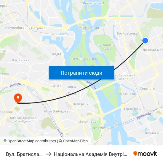 Вул. Братиславська to Національна Академія Внутрішніх Справ map