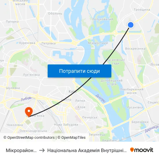 Мікрорайон №1 to Національна Академія Внутрішніх Справ map