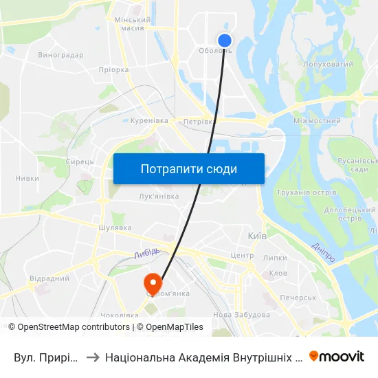 Вул. Прирічна to Національна Академія Внутрішніх Справ map