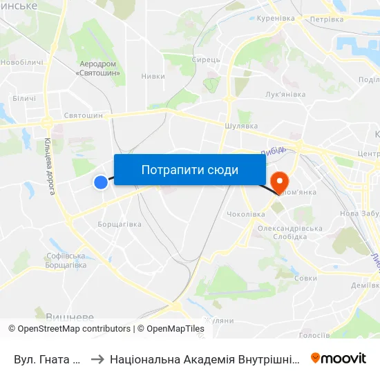 Вул. Гната Юри to Національна Академія Внутрішніх Справ map