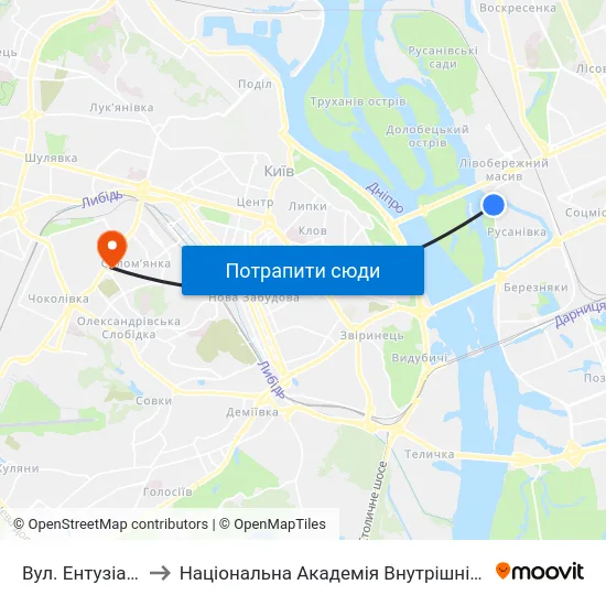 Вул. Ентузіастів to Національна Академія Внутрішніх Справ map