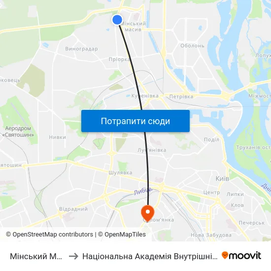 Мінський Масив to Національна Академія Внутрішніх Справ map