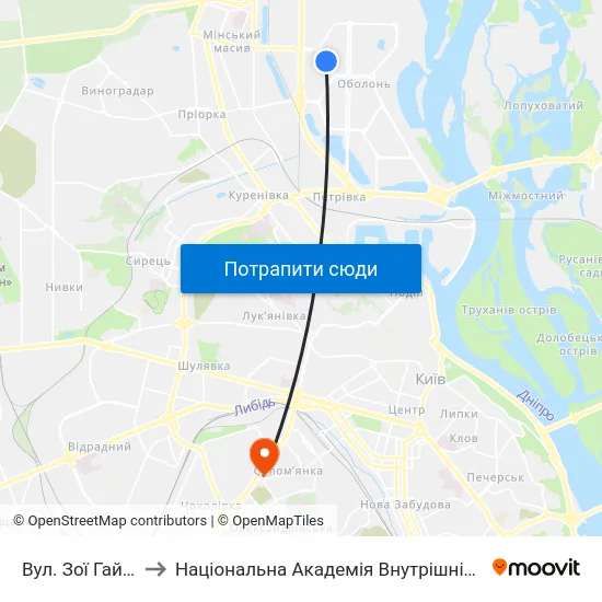 Вул. Зої Гайдай to Національна Академія Внутрішніх Справ map