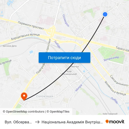 Вул. Обсерваторна to Національна Академія Внутрішніх Справ map