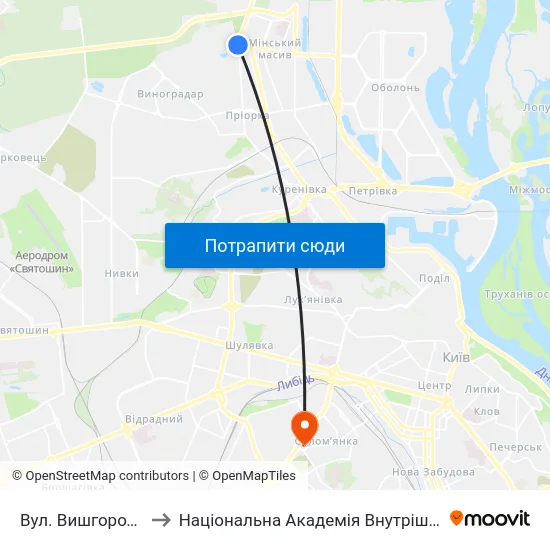 Вул. Вишгородська to Національна Академія Внутрішніх Справ map