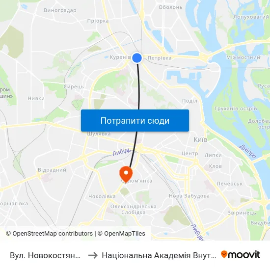 Вул. Новокостянтинівська to Національна Академія Внутрішніх Справ map