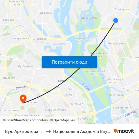 Вул. Архітектора Ніколаєва to Національна Академія Внутрішніх Справ map