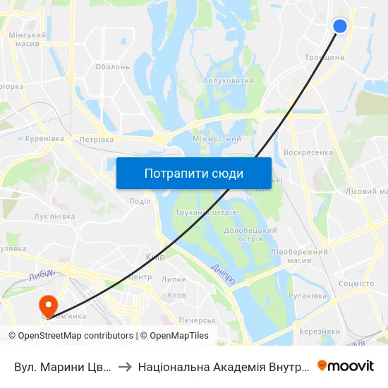 Вул. Марини Цвєтаєвої to Національна Академія Внутрішніх Справ map