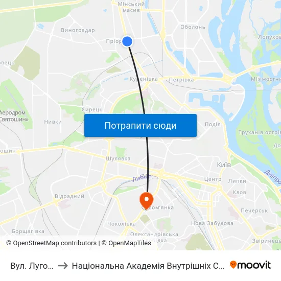Вул. Лугова to Національна Академія Внутрішніх Справ map