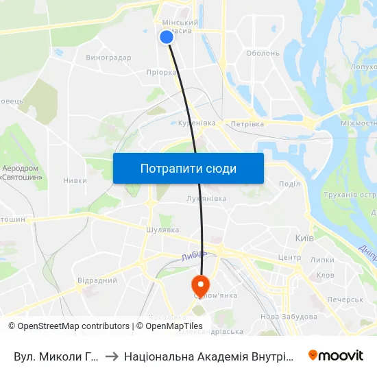 Вул. Миколи Гулака to Національна Академія Внутрішніх Справ map