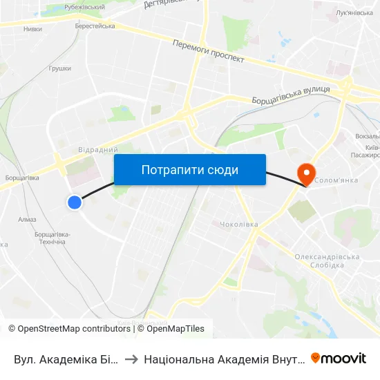 Вул. Академіка Білецького to Національна Академія Внутрішніх Справ map