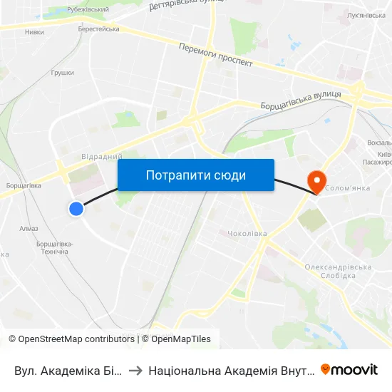 Вул. Академіка Білецького to Національна Академія Внутрішніх Справ map