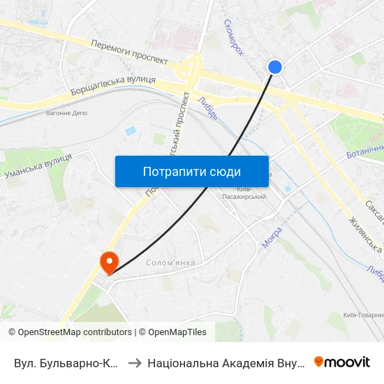 Вул. Бульварно-Кудрявська to Національна Академія Внутрішніх Справ map