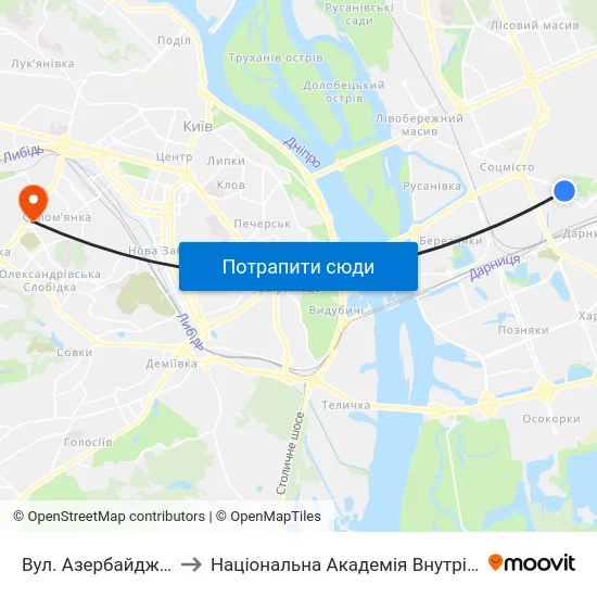 Вул. Азербайджанська to Національна Академія Внутрішніх Справ map