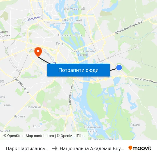 Парк Партизанської Слави to Національна Академія Внутрішніх Справ map