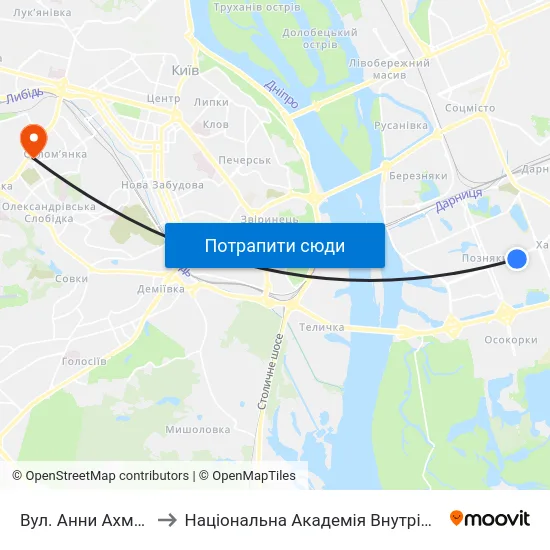 Вул. Анни Ахматової to Національна Академія Внутрішніх Справ map