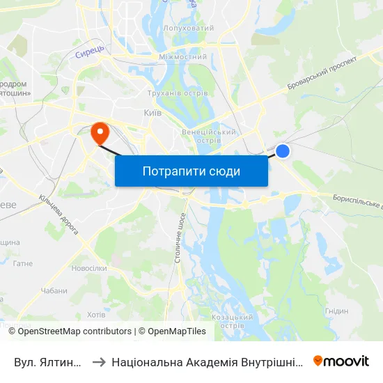 Вул. Ялтинська to Національна Академія Внутрішніх Справ map