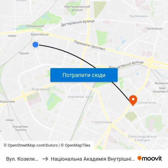 Вул. Козелецька to Національна Академія Внутрішніх Справ map