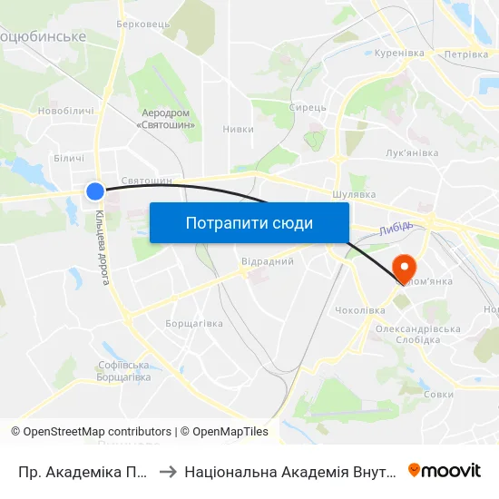 Пр. Академіка Палладіна to Національна Академія Внутрішніх Справ map