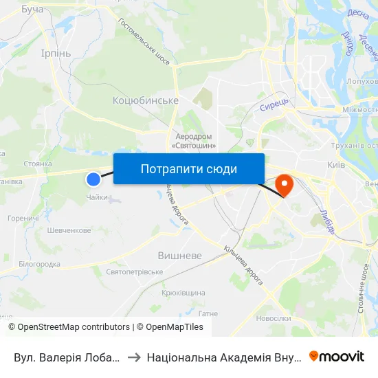 Вул. Валерія Лобановського to Національна Академія Внутрішніх Справ map