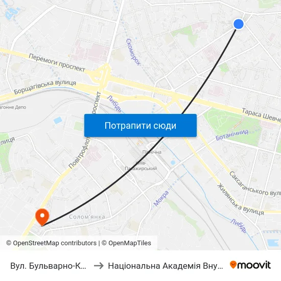 Вул. Бульварно-Кудрявська to Національна Академія Внутрішніх Справ map