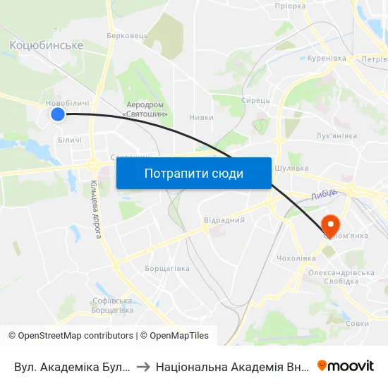 Вул. Академіка Булаховського to Національна Академія Внутрішніх Справ map