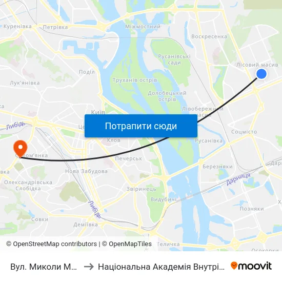 Вул. Миколи Матеюка to Національна Академія Внутрішніх Справ map