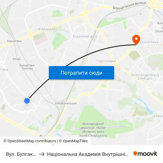 Вул. Булгакова to Національна Академія Внутрішніх Справ map