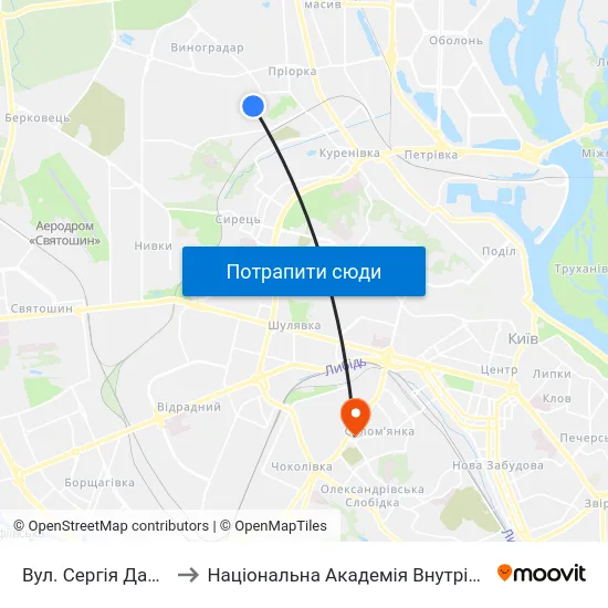 Вул. Сергія Данченка to Національна Академія Внутрішніх Справ map