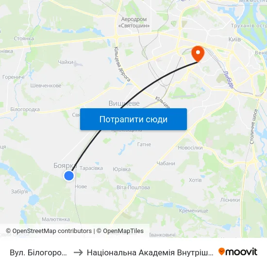 Вул. Білогородська to Національна Академія Внутрішніх Справ map