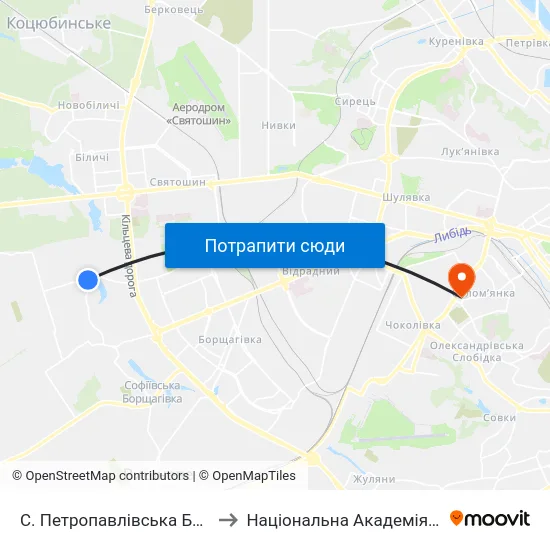 С. Петропавлівська Борщагівка (Центр) to Національна Академія Внутрішніх Справ map