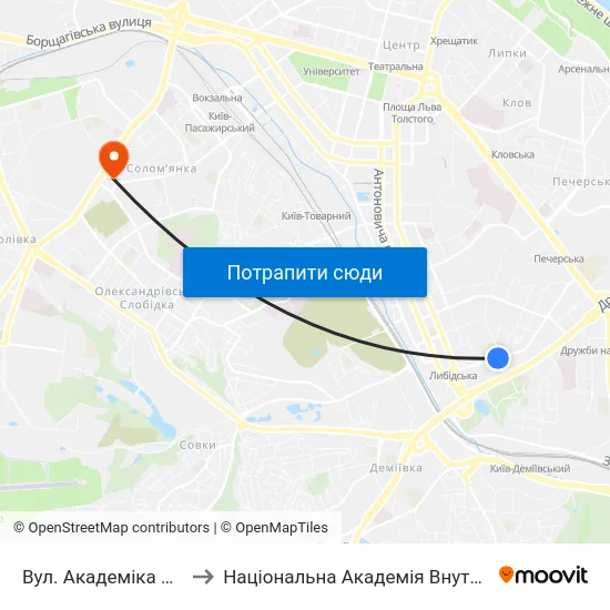 Вул. Академіка Філатова to Національна Академія Внутрішніх Справ map