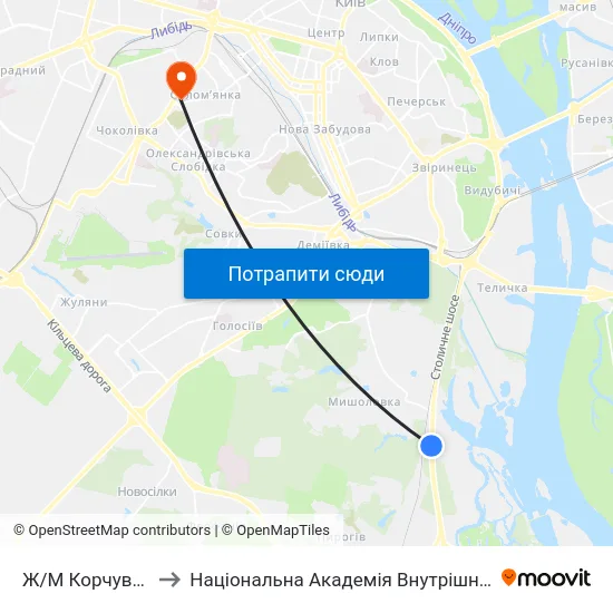 Ж/М Корчувате-2 to Національна Академія Внутрішніх Справ map