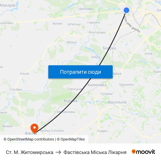 Ст. М. Житомирська to Фастівська Міська Лікарня map