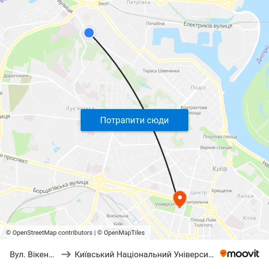 Вул. Вікентія Хвойки to Київський Національний Університет Імені Тараса Шевченка map