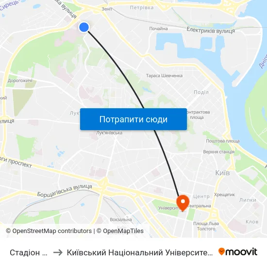 Стадіон Спартак to Київський Національний Університет Імені Тараса Шевченка map