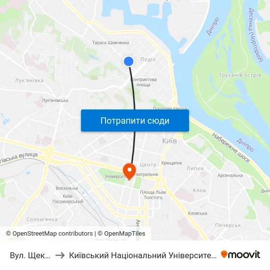 Вул. Щекавицька to Київський Національний Університет Імені Тараса Шевченка map