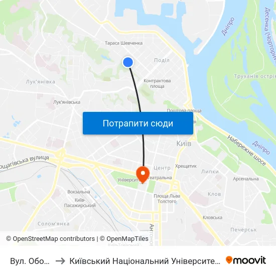 Вул. Оболонська to Київський Національний Університет Імені Тараса Шевченка map