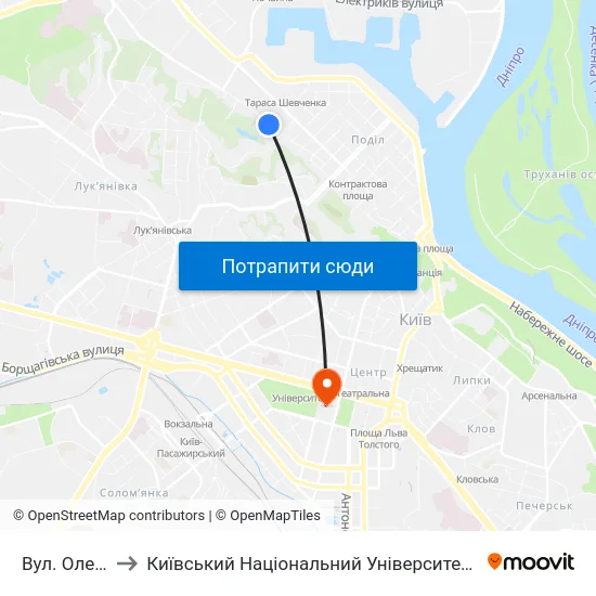 Вул. Оленівська to Київський Національний Університет Імені Тараса Шевченка map
