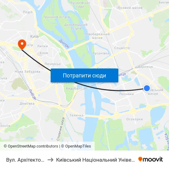 Вул. Архітектора Вербицького to Київський Національний Університет Імені Тараса Шевченка map