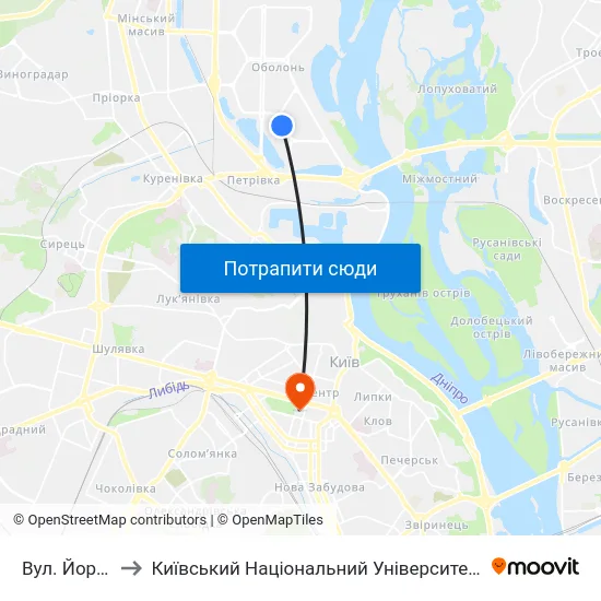 Вул. Йорданська to Київський Національний Університет Імені Тараса Шевченка map