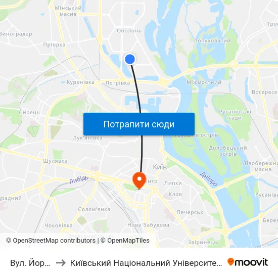 Вул. Йорданська to Київський Національний Університет Імені Тараса Шевченка map