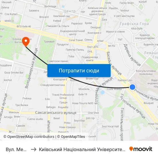 Вул. Мечникова to Київський Національний Університет Імені Тараса Шевченка map