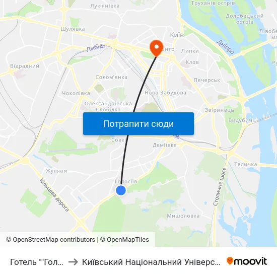 Готель ""Голосіївський"" to Київський Національний Університет Імені Тараса Шевченка map