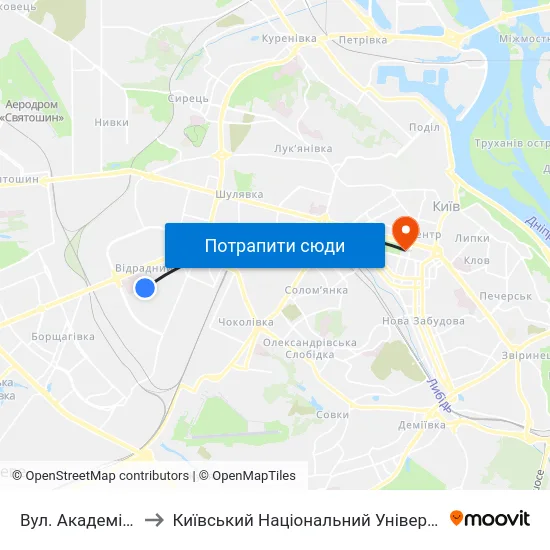 Вул. Академіка Стражеска to Київський Національний Університет Імені Тараса Шевченка map